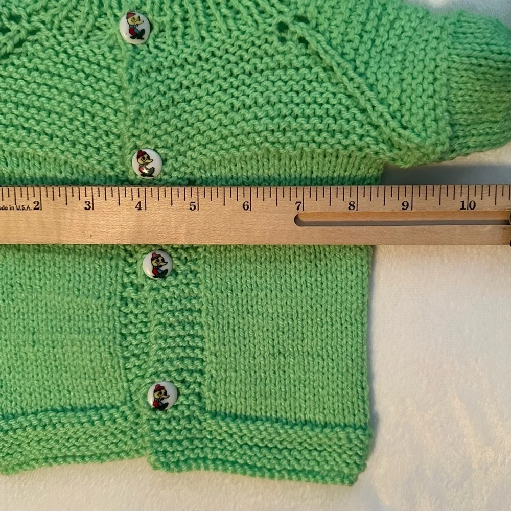 Vintage Handmade Green Cardigan Sweater Duck Buttons Crochet Knit NB Baby Boy